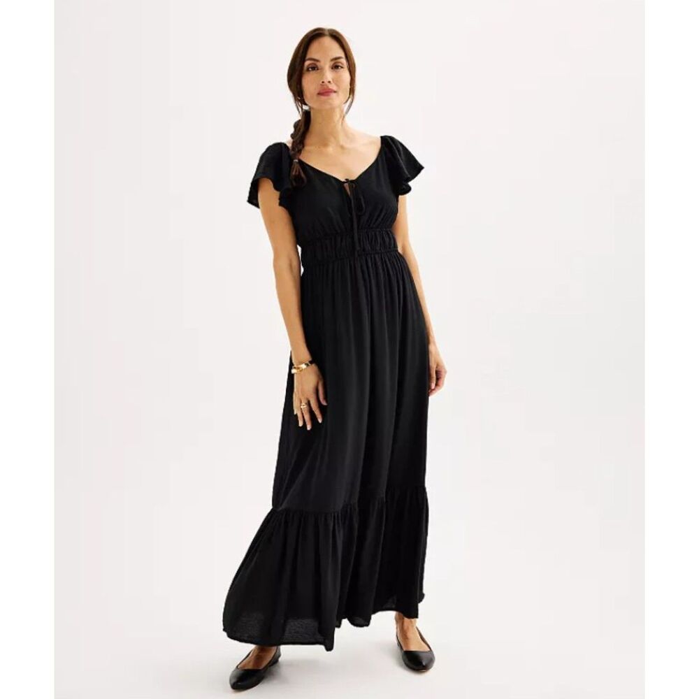 NINE WEST Black Sz XXL Casual Wear Flutter Sleeve Ruffle Hem V-Neck Maxi Dress